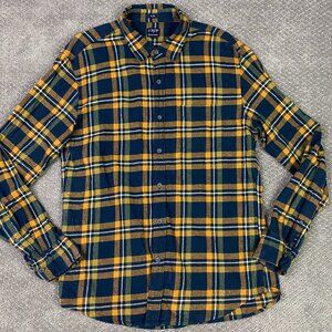 J. CREW Flannel Shirt Men's Large Slim Fit Orange Navy Green Plaid Button Down